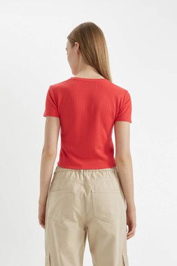 Женская классная приталенная базовая футболка с короткими рукавами и вафельным узором - Defacto фото 5