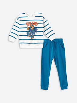 Bisiklet Yaka Uzun Kollu ?izgili Erkek Bebek Sweatshirt ve E?ofman Alt 2li Tak?m