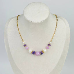 Колье на цепочке из Кунцита, Чароита и Жемчуга