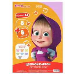 Картон цветной двусторонний А4, пастель, тонированный, 8 листов, 8 цветов, 180 г/м5, Маша и Медведь  фото 5