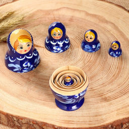 Матрёшка дерево «Гжель», синее платье, 5 кукольная, 10 см