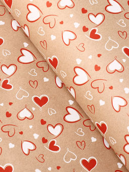Бумага упаковочная крафт Сердечки 2 красный/белый цвет на коричневом фоне 0.72?105% м, 60 г