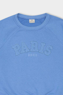 Розовый свитшот оверсайз с широким кроем и круглым вырезом для девочек с принтом и надписью - Defacto фото 2