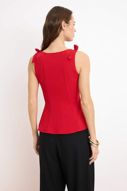 K?rm?z? S?f?r Kol Peplum Belden Oturmal? Omuz Fiyonk Detayl? Orme Bluz TWOSS25BZ00482