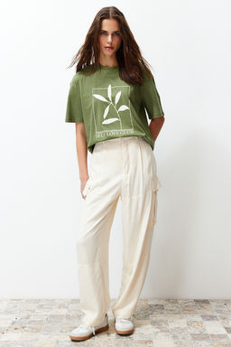 Haki %100 Pamuk Bask?l? Relaxed/Genis Rahat Kesim Bisiklet Yaka Orme T-Shirt TWOSS23TS00267