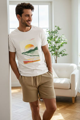 TRENDYOL MAN Ekru - Lacivert Regular Fit Bask?l? Alt Waffle Orme Sortlu Pijama Tak?m? TMNSS25PT00025 - Trendyolmilla фото 11