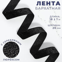 Лента бархатная, с серебряным люрексом, 20 мм, 181 м, чёрная №03
