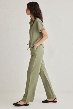 Haki Modal Yumusak Tuseli K?sa Kollu Gomlek Genis Paca Pantolon Dokuma Alt-Ust Tak?m TWOSS25AU00026 - Trendyolmilla фото 3