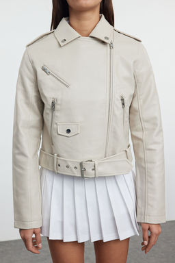 Trendyolmilla Ekru Regular Suni Deri Birker Ceket Mont TWOAW25MO00002  фото 3