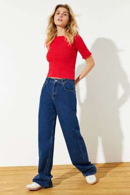 K?rm?z? Fitilli Fitted/Vucuda Oturan Bisiklet Yaka Esnek Orme Bluz TWOSS23BZ00025