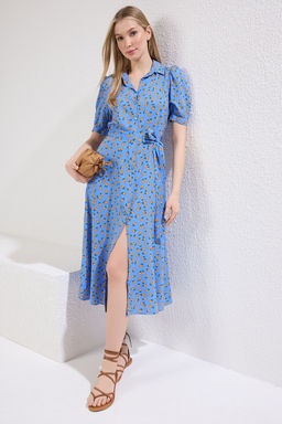 Mavi Cicek Desenli Kusakl? Midi Dokuma Viskon Gomlek Elbise TWOSS20EL1559