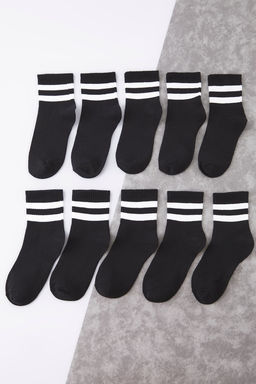 TRENDYOL MAN Beyaz Unisex 10lu Cizgili Pamuklu Kolej/Tenis Boy Nefes Alan Yazl?k Corap TMNSS25CO00019