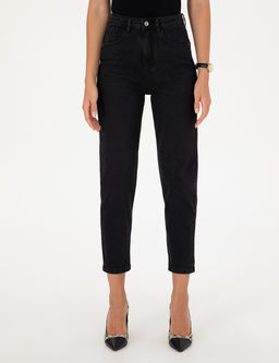 Siyah Mom Fit Geni_ Kal_p Jean Pantolon