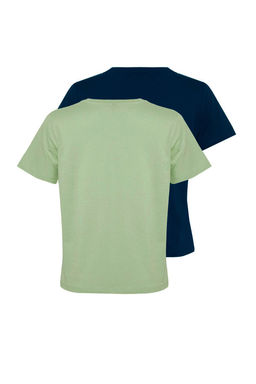 Petrol-Mint %100 Pamuk Bisiklet Yaka 2li Paket Orme T-Shirt TWOSS20TS0141