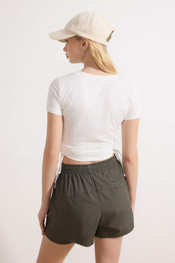 Ekru Buzgulu Baglama Detayl? Micro Kumas Orme Spor T-Shirt THMSS26TS00003