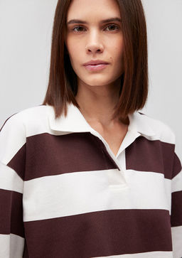 Cizgili Crop Polo Tisort - Mavi фото 5