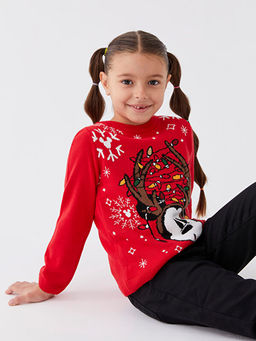 Bisiklet Yaka Mickey Mouse Desenli Y?lba?? Temal? Uzun Kollu K?z ?ocuk Triko Kazak