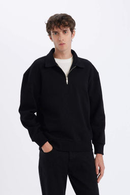 Relax Fit Polo Yaka Fermuarl? Basic Duz Kal?n Sweatshirt - Defacto фото 2