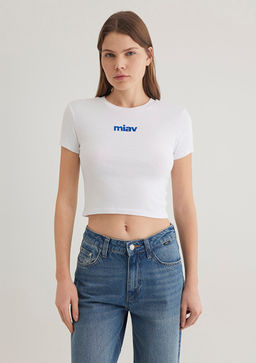 Miav Bask?l? Beyaz Crop Tisort