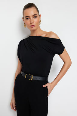 Siyah Regular/Normal Kal?p Asimetrik Yaka S?f?r Kol C?tc?tl? Esnek Orme Bluz TWOSS24BZ00396