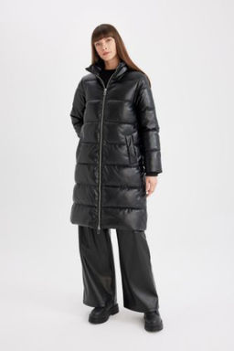 Su Itici Uzun Sisme Mont Parka Oversize Genis Kal?p Dik Yaka Fermuarl? Suni Deri