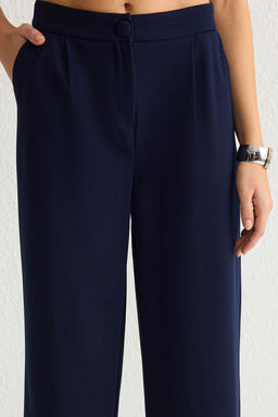 Koyu Lacivert Wide Leg/Genis Paca Pilili Dokuma Pantolon TWOSS21PL0189