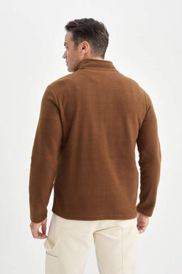 Коричневый флисовый свитшот стандартного кроя с воротником-стойкой и защитой от холода, с защитой от катышков и молнией - Defacto фото 5