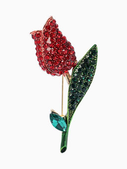 Брошь «Цветок» тюльпан, стразы, цвет красно-зелёный в золоте