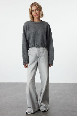 Antrasit Crop Super Genis Kal?p Yumusak Dokulu Ak?tma Detayl? Triko Kazak TWOAW24KZ00319 - Trendyolmilla фото 2