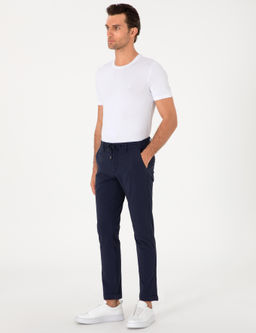 Koyu Lacivert Slim Fit Gofreli Beli Ba_c_kl_ Spor Pantolon