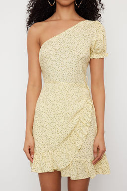 Sar? F?rf?r Etekli Asimetrik Yaka Viskon Mini Dokuma Elbise TWOSS24EL00860