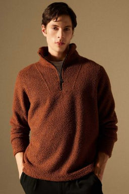 Regular Fit Dik Yaka Fermuarl? Pelus Sweatshirt