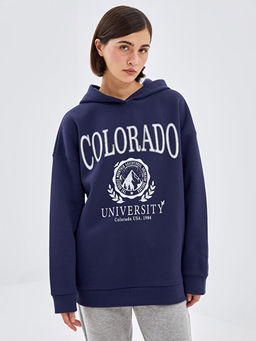 Kap??onlu Bask?l? Oversize Kad?n Kal?n Sweatshirt Tunik