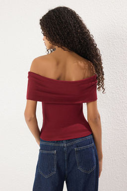 Trendyolmilla Siyah Carmen Yaka Fitted/Vucuda Oturan Orme Bluz TWOSS25BZ00126  фото 10