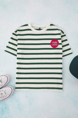 Bordo %100 Pamuk Unisex Cizgili Bask?l? Oversize Kal?p K?sa Kol Orme T-Shirt TKDSS25TS00037
