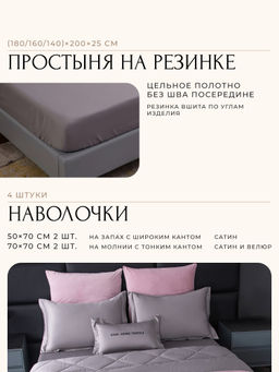 Комплект постельного белья на резинке Сатин Velvet Premium с Одеялом VPR001 180*200*25;160*200*25;140*200*25 Евро 4 Наволочки