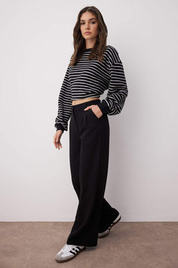 Siyah Pilili Wide Leg/Genis Paca Dokuma Pantolon TWOAW25PL00109 Palazzo