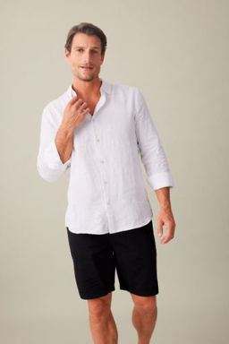 Regular Fit Polo Yaka Keten Uzun Kollu Gomlek