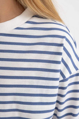 Полосатая футболка с длинными рукавами из чесаного хлопка с круглым вырезом для девочек - Defacto фото 4