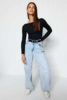 Trendyolmilla Siyah S?rt Dekolteli Fitted/Vucuda Oturan Fitilli Esnek Orme Bluz TWOAW24BZ00105  фото 4