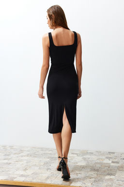 Siyah Vucuda Oturan Degaje Yaka Esnek Orme Midi Kalem Elbise TWOSS24EL00588 - Trendyolmilla фото 5