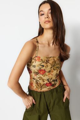 Cok Renkli Cicek Desenli Fitted/Vucuda Oturan Ask?l? Crop Astarl? Esnek Tul Orme Bluz TWOSS23BZ00710