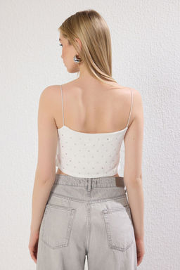 Beyaz Tasl? Spagetti Ask?l? Fitted/Vucuda Oturan Crop Esnek Orme Atlet TWOSS20AL0006