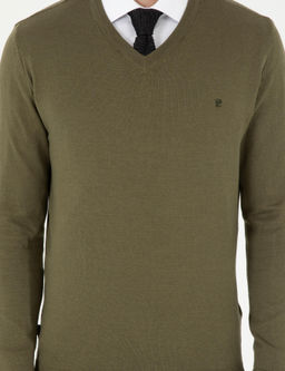 Koyu Haki Slim Fit V Yaka Basic Triko Kazak - Pierre cardin фото 6