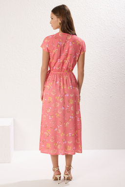 Pembe Cicek Desenli Kruvaze Beli Lastikli Midi Dokuma Elbise TWOSS25EL00179 - Trendyolmilla фото 5