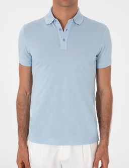 Buz Mavisi Slim Fit Polo Yaka Pamuklu Basic T-shirt
