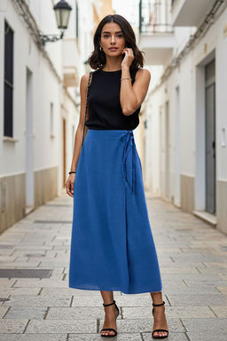 TRENDYOLMILLA Lacivert Baglama Detayl? Kruvaze Kapama Maxi Boy Dokuma Etek TWOSS25ET00126
