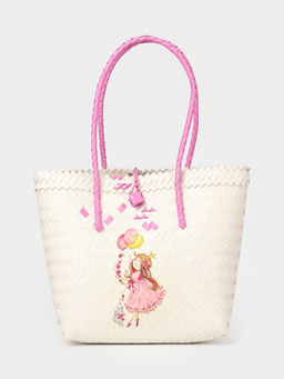 Сумка плетёная на застёжке «Девочка с букетом», 40×10×55 см, пластик, бело-розовая