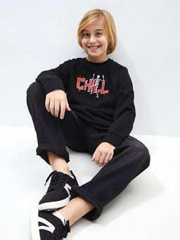 Bisiklet Yaka Bask?l? Uzun Kollu Erkek ?ocuk Sweatshirt