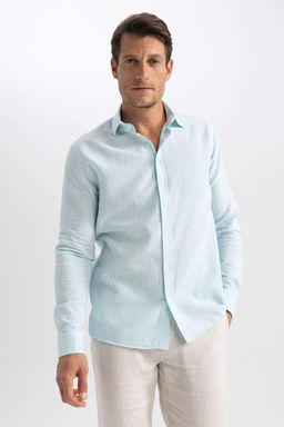 Рубашка с длинными рукавами и воротником-поло Modern Fit из смесового льна - Defacto фото 3